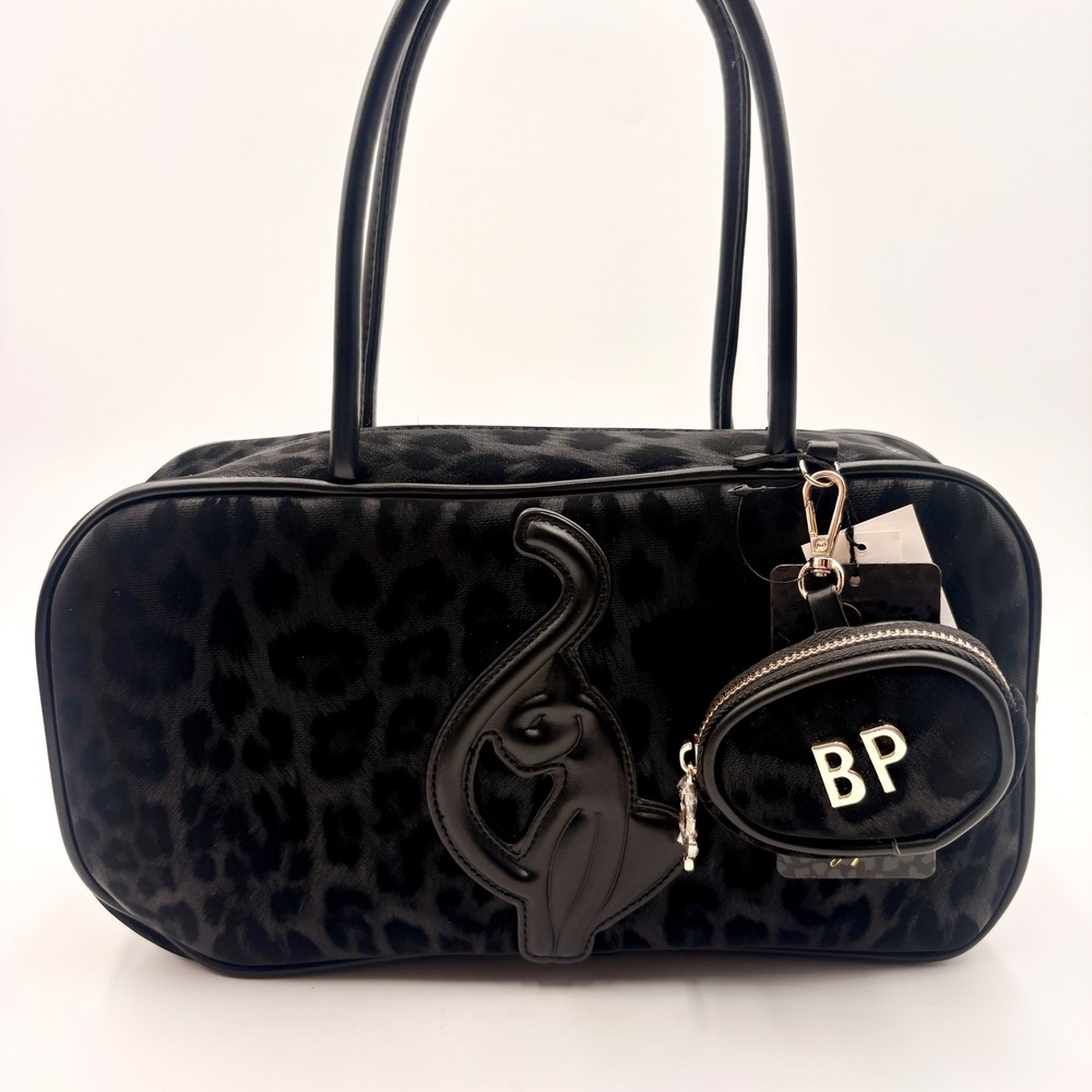 Baby Phat Black Leopard Print Velvet Handbag with Cat Applique Coin Purse Y2k
